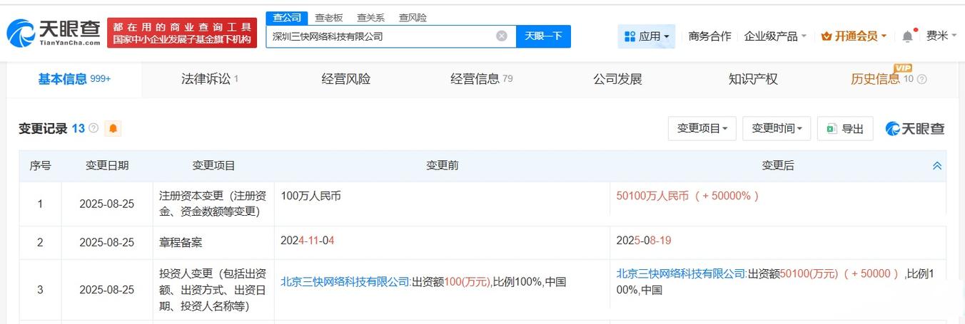 01亿 】天眼查工商信息显示,近日,深圳三快网络科技发生工商